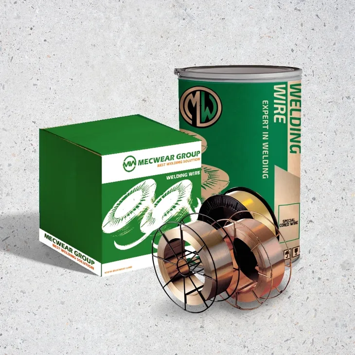MECWEAR hardfacing welding wire spools with branded box and sealed tin