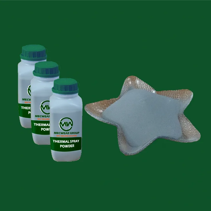 MECWEAR thermal spray powder bottles beside a component with a sprayed protective surface coating